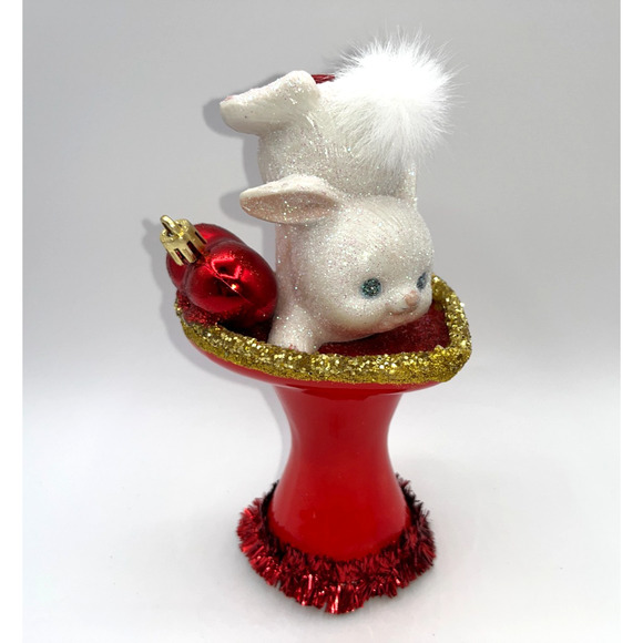 Vintage Tumbling Bunny Red Ceramic Pedestal Heart Dish Gold Valentines Day OOAK - Picture 5 of 16